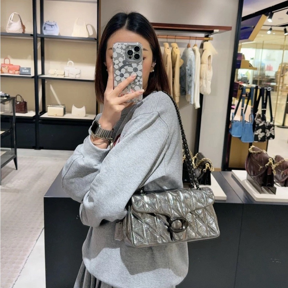 NWT Coach Metallic Leather Tabby Shoulder Bag 26 With Quilting - V5/Anthracite - Picture 12 of 12